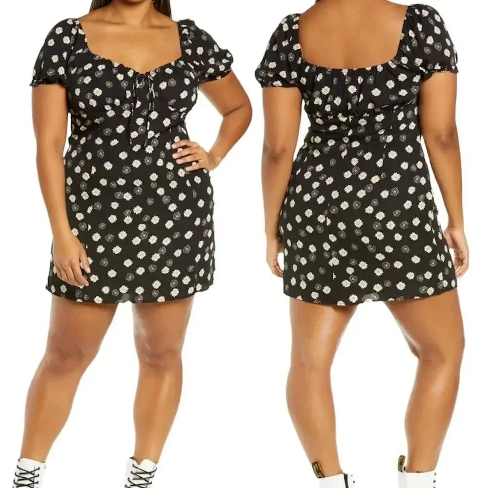 BP. Black Daisy Printed Tie Front Mini Dress 2X